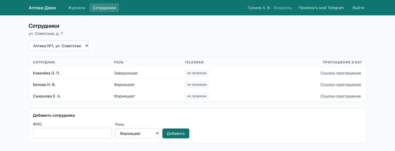 Сотрудники аптеки: роли, подключение к боту и ссылки-приглашения